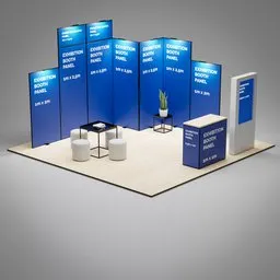 3D modeled exhibition booth with customizable image placeholders on panels and an info desk, lit by overhead lights.