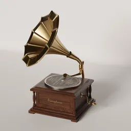 "Gramophone - A detailed wooden and brass 3D model inspired by Charles Fremont Conner. Perfect for Blender 3D enthusiasts and CG graphics projects. Capture the essence of cinema 4D and symmetrical minimalistic design with this official screenshot render."