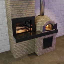 "Stove and Grill - 3D Model for Blender 3D: A dark, highly detailed replica model of a restaurant-bar stove and grill. Features a brick oven with a grill inside, chimney, and two medium-sized islands. Perfect for enhancing your Blender 3D scenes."