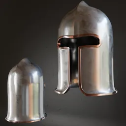 Detailed 3D model of an ancient metallic helmet with anatomical accuracy and high-quality textures, ready for Blender use.