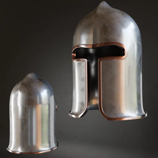 Detailed 3D model of an ancient metallic helmet with anatomical accuracy and high-quality textures, ready for Blender use.
