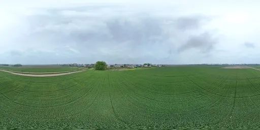 360-degree panoramic HDR image featuring expansive green farmland under a cloudy sky for realistic scene lighting.