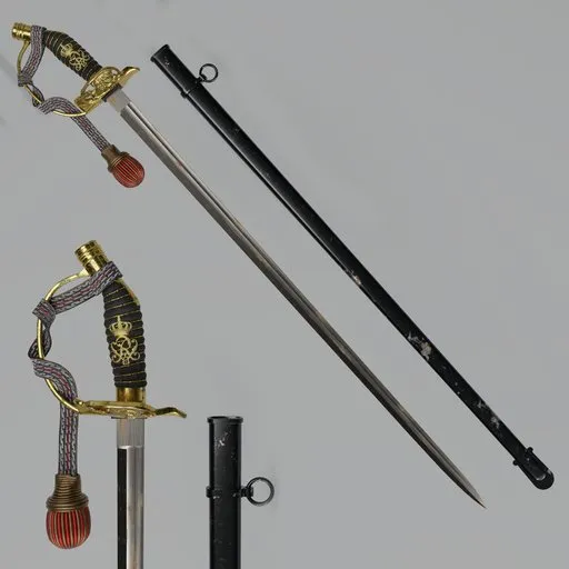 Detailed Blender 3D model of an ornate 16th-century rapier sword, historically accurate design, suitable for military reenactment scenes.