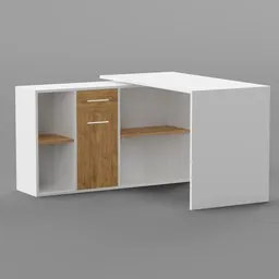 High-quality Blender 3D model of a white and oak corner office desk, accurately scaled for realistic rendering.
