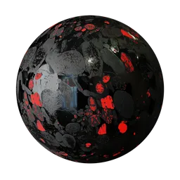 PBR texture for 3D rendering, featuring glossy black surface with red magma-like accents, ideal for volcanic scenes.