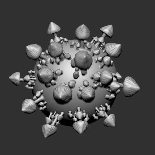 3D Blender sculpting brush with mushroom and spiky vegetation shapes for modeling plants and organic details on surfaces.