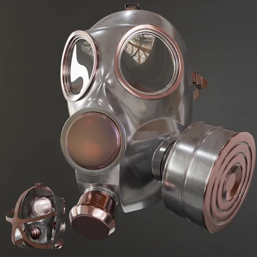 Detailed low poly 3D model of a gas mask with high-quality metal textures, ready for war game designs and realistic game environments.