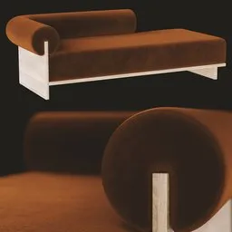 Brown circular-arm chaise lounge with contrasting wooden frame, rendered in Blender 3D for realistic visualization.