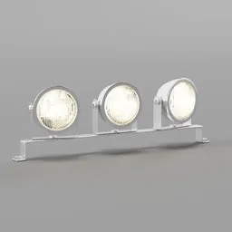 "Enhance your vehicle's visibility with this realistic 3D model of a set of three additional car fog lights, designed for use with Blender 3D. The metal stand and bright headlights are rendered in redshift, providing flood lighting for improved safety in low visibility conditions."