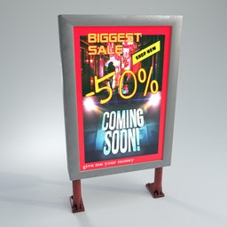 "Low poly exterior billboard 3D model for Blender, featuring a movie sale advertisement and 3D rim lighting. Created with Cinema4D and Poser, commercial-ready for digital displays. Perfect for retail design and SCP anomalous object renders."