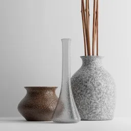 Detailed 3D model trio of textured vases with neutral tones for Blender rendering