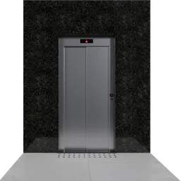 "Silver elevator with red button for Blender 3D scenes. Detailed face in black marble and white concrete floor. Tall ceilings and metal scales for added realism."