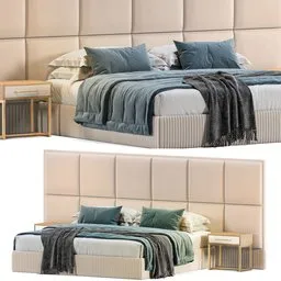 A high-quality 3D model of a Brownie Bed with a tufted headboard and nightstand perfect for any interior design project. Rendered in Cycles and compatible with Blender 3D, this model features realistic details like a metal border and muted colors. Dimensions are 220x375x158H centimeters with 446,474 polys.