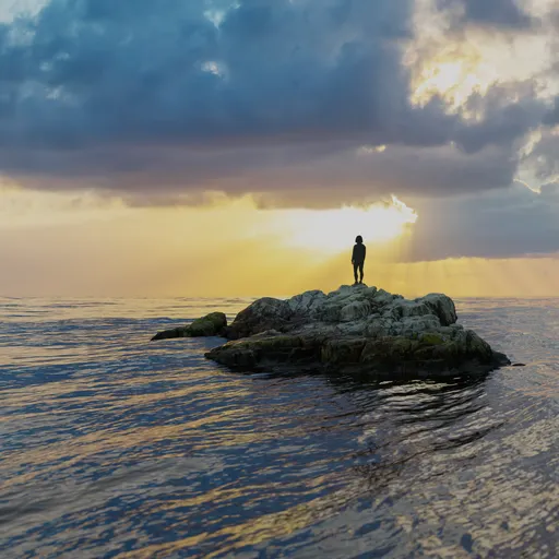 High-resolution 3D rendering of a person standing on a rocky islet amidst the ocean at sunset.