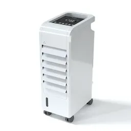 Photo-realistic 3D model of a white portable air conditioner, detailed for close-up renders, crafted in Blender.