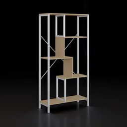 "Industrial-style Home Storage Shelf 3D model with asymmetrical steel frame created in Blender 3D. Features include a bookcase, white color scheme, and a unique design perfect for office storage or display. Available on BlenderKit in the office storage category."