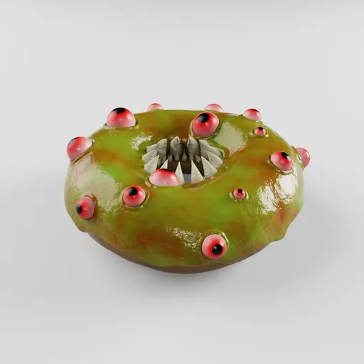 3D Blender model of a green slimy donut creature with multiple eyes, sharp teeth, and procedural textures.