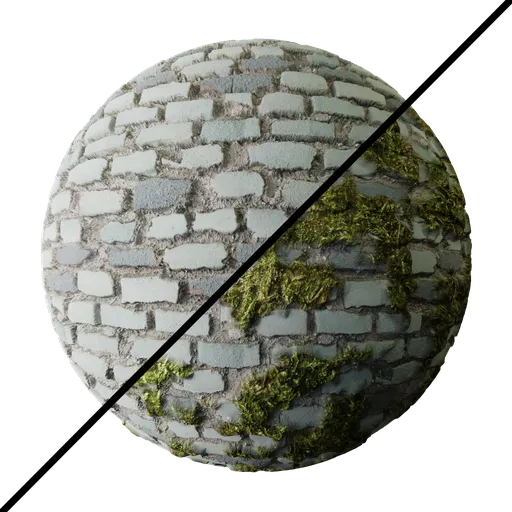 Realistic modular moss-covered stone wall PBR texture for 3D rendering in Blender and other software.