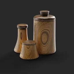 "Wooden jar set for kitchen display: includes salt shaker, medium and large containers with lids. Modeled in Blender 3D and rendered in Arnold engine, inspired by Robert Goodnough's woodturning style. Detailed and high-grain design elements in a black background."
