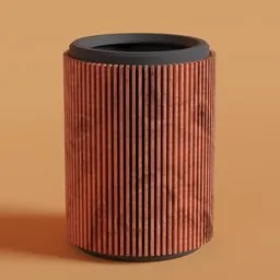 Detailed 3D-rendered cylindrical wastebasket with wood finish, optimized for Blender use in urban environments.