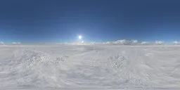 Snow-covered terrain with clear sky, bright sun, and horizon clouds, ideal for realistic scene lighting.