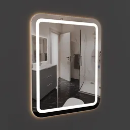 3D Blender model of a sleek rectangular mirror with illuminated edges for modern interior rendering.