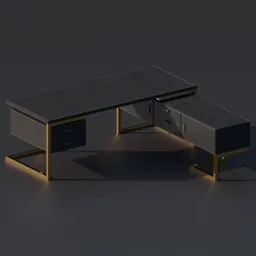 Contemporary L-shaped desk 3D render with gold accents for Blender modeling