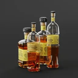 Detailed 3D Blender model of alcohol bottles with realistic textures and shaders, ideal for bar scenes.