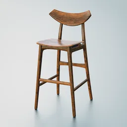 Realistic wooden bar stool 3D model with ergonomic curved seat and backrest, suitable for Blender renderings.