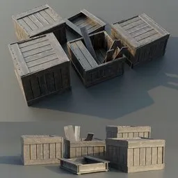 "Container-industrial 3D model of a set of old wooden crates for Blender 3D. Includes open, closed, busted and rustic tray versions, perfect for game assets or shipping container scenes. Created by senior character artist for added detail and authenticity."