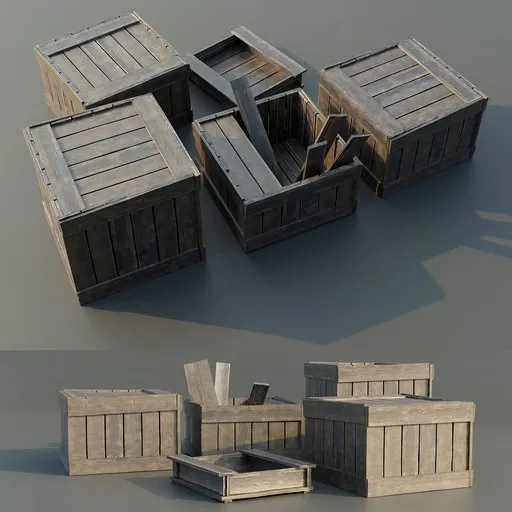 Variety of textured wooden crate models in different states, ideal for Blender 3D scenes, featuring open and damaged boxes.