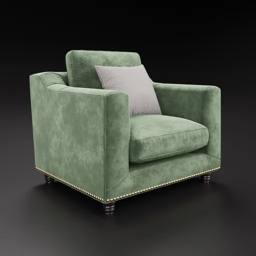 High-quality 3D model of a plush green velvet armchair, showcasing color customization for Blender rendering.