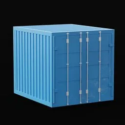 "3D model of a realistic 10ft blue shipping container on a black background. Perfect for Blender 3D projects and game assets, featuring tables and walls. Ideal for creating industrial scenes and optimizing your SEO for Google image search."