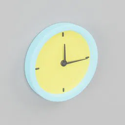 Detailed 3D model of a simple wall clock with a blue frame and yellow face for Blender rendering.