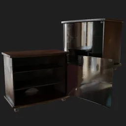 "Small used TV cabinet 3D model for Blender 3D. Featuring a shelf and open door, with an art deco aesthetic and reflective light. Bronze material and broken furniture detail add authenticity. By Else Alfelt."
