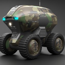 "3D model of a military camo Scifi robot, featuring 4k PBR textures. Perfect for security or delivery purposes, with a front light and full body render. Ideal for military equipment or ranger-themed projects in Blender 3D."