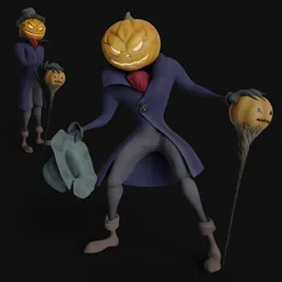 3D pumpkin-headed character model with rigging for Blender, animated scarecrow design with hat and lantern.