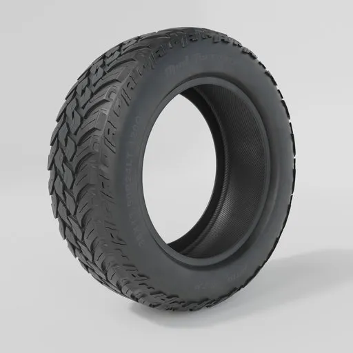 High-resolution 3D model of a 38" mud terrain tire for vehicle rendering in Blender with accurate tread details.