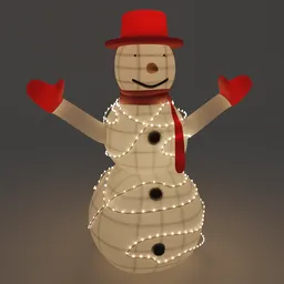 3D rendered snowman with LED fairy lights, red hat and scarf, optimized for Blender 3D projects.