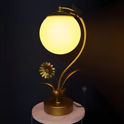 Illuminated 3D golden table lamp model with elegant curved design and glowing shade, rendered in Blender software.