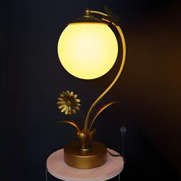 "Golden steampunk-style table lamp with a 3D bee and floral embellishment, designed for cozy aesthetics. Modeled in Blender 3D with sleek streamlined design and cycles material. Perfect for adding a touch of Pixar-inspired charm to any 3D scene."