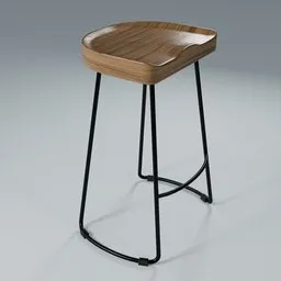 3D-rendered Blender model of a modern wooden top bar stool with sleek black metal legs, featuring detailed procedural textures.