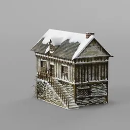Low poly 3D model of a medieval house with snowy rooftop, suitable for game design, rendered in Blender.