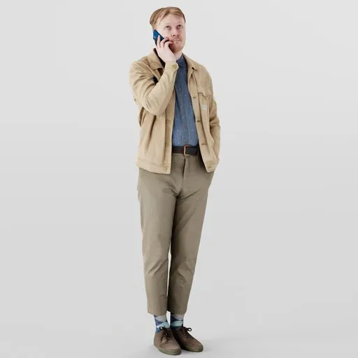 3D model of a man in beige jacket on phone call, suitable for Blender urban scenes.