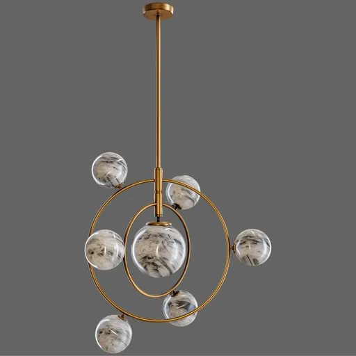 Detailed Blender 3D model of a solar-system-inspired brass chandelier with white glass central shade and six orbiting planet-like lights.