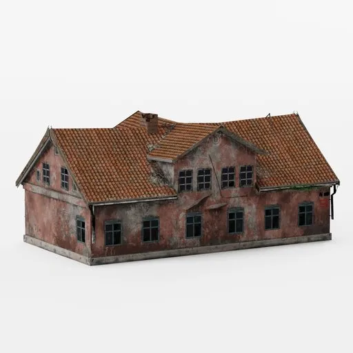 Detailed 3D rendering of a dilapidated two-story building with a tile roof, suitable for Blender modeling projects.