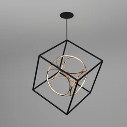 "Geometric black and gold ceiling light inspired by Wolfgang Zelmer and Alexander Stirling Calder, featuring armillary rings and hypercube design. 3D model for Blender 3D, ideal for modern and futuristic interior designs."
