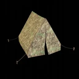 "Low poly camouflage tent with attached string for Blender 3D models. Perfect for camping scenes with two front pockets. RealOSM and stylized 3D model in general uniform design."