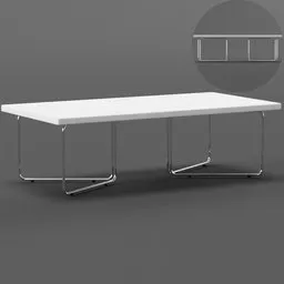 3D model of a sleek white coffee table with metal legs, suitable for modern interior design projects in Blender.
