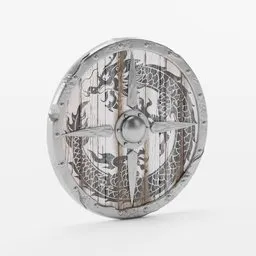 "Assassin's Creed Valhalla white shield, featuring a metallic dragon design on a textured parchment background with intricately detailed markings. Modeled in Blender 3D and inspired by historical military shields, including swords and wood effects."
